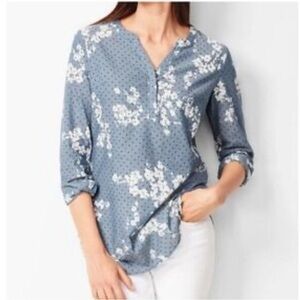 Talbots Blouse Denim Blue Floral V Neck Long Sleeve Tunic Size Medium